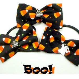 3 HALLOWEEN HAIR TIES W SPOOKY CHARMS CANDY CORN FABRIC HANDMADE 100% COTTON